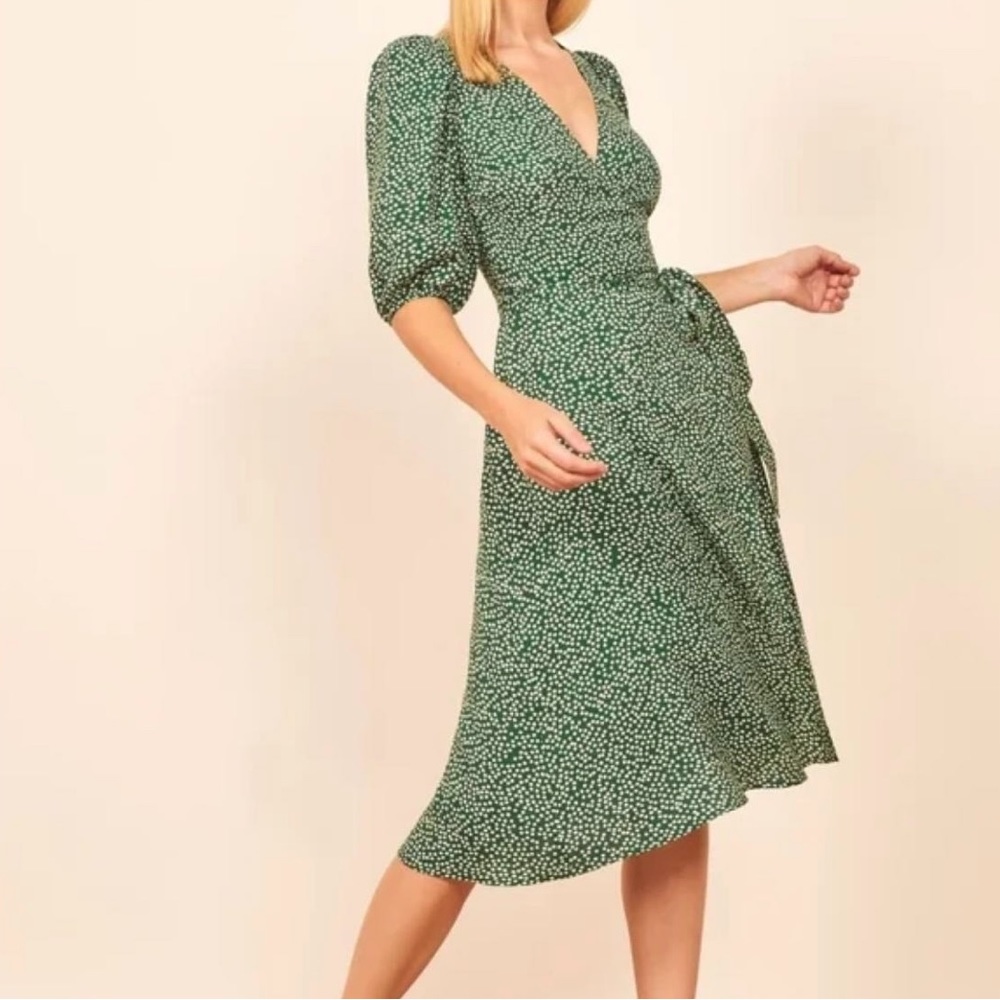 Reformation Christa puff sleeve wrap dress green floral Size M